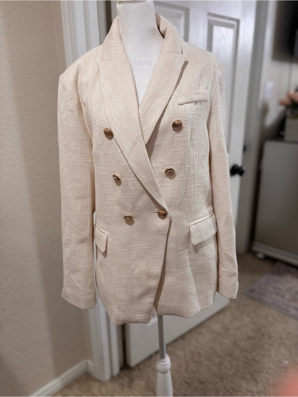 Women's Double-Breasted Cream Blazer with Gold Buttons